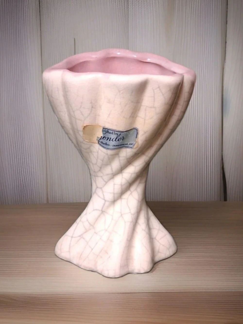 Vintage Gonder USA Pottery Vase Crackle Glaze, Pink Lining B-64